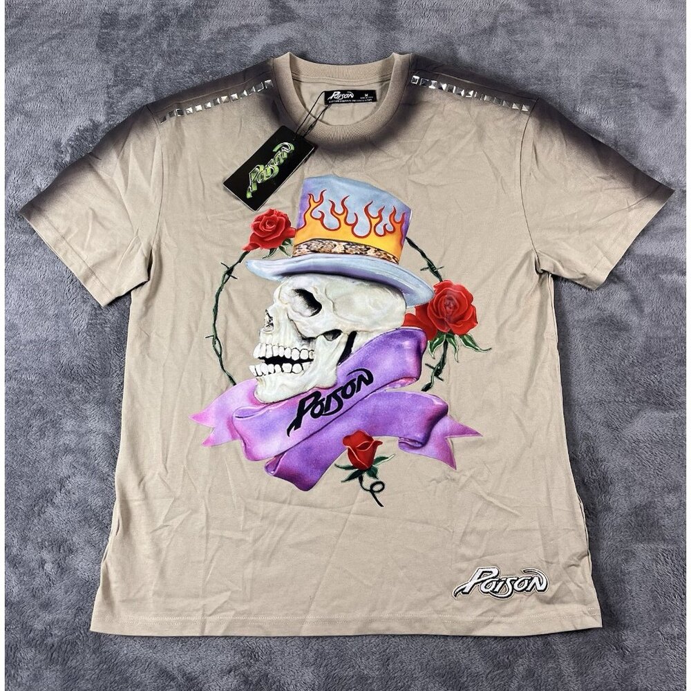 Poison Taupe Beige Graphic Short Sleeve T-Shirt Men's M Rock & Roll Beaded